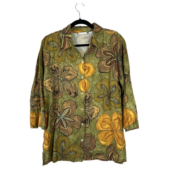 Chico's Design Linen Neutral Floral 3/4 Sleeve Button Shirt Size 1 (US M/8) - Picture 1 of 5